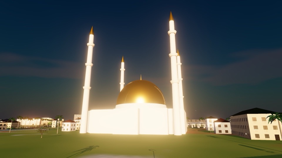 The Abuja National Mosque's golden dome and four minarets